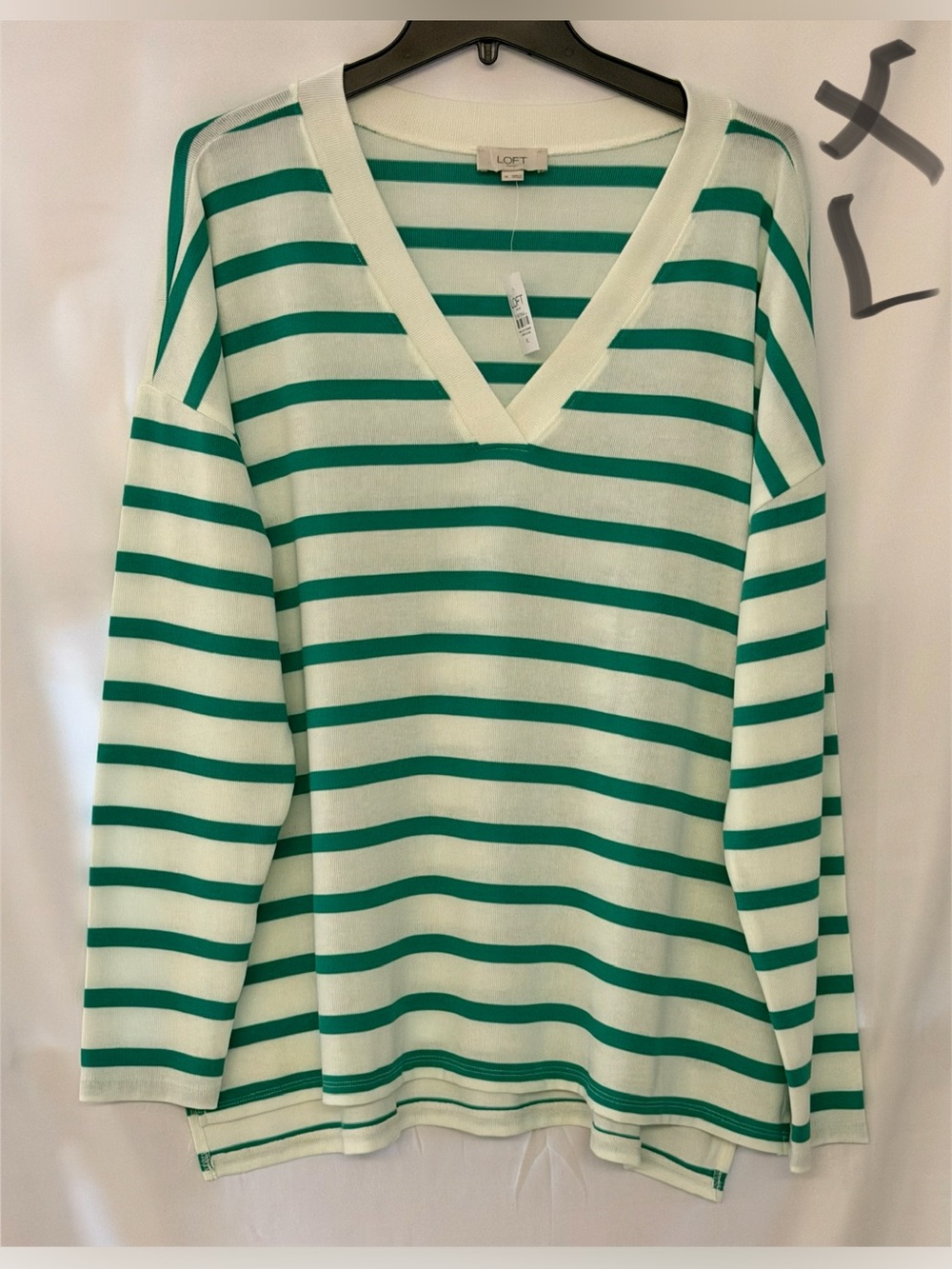 LOFT Cream & Green Striped V-Neck Pullover